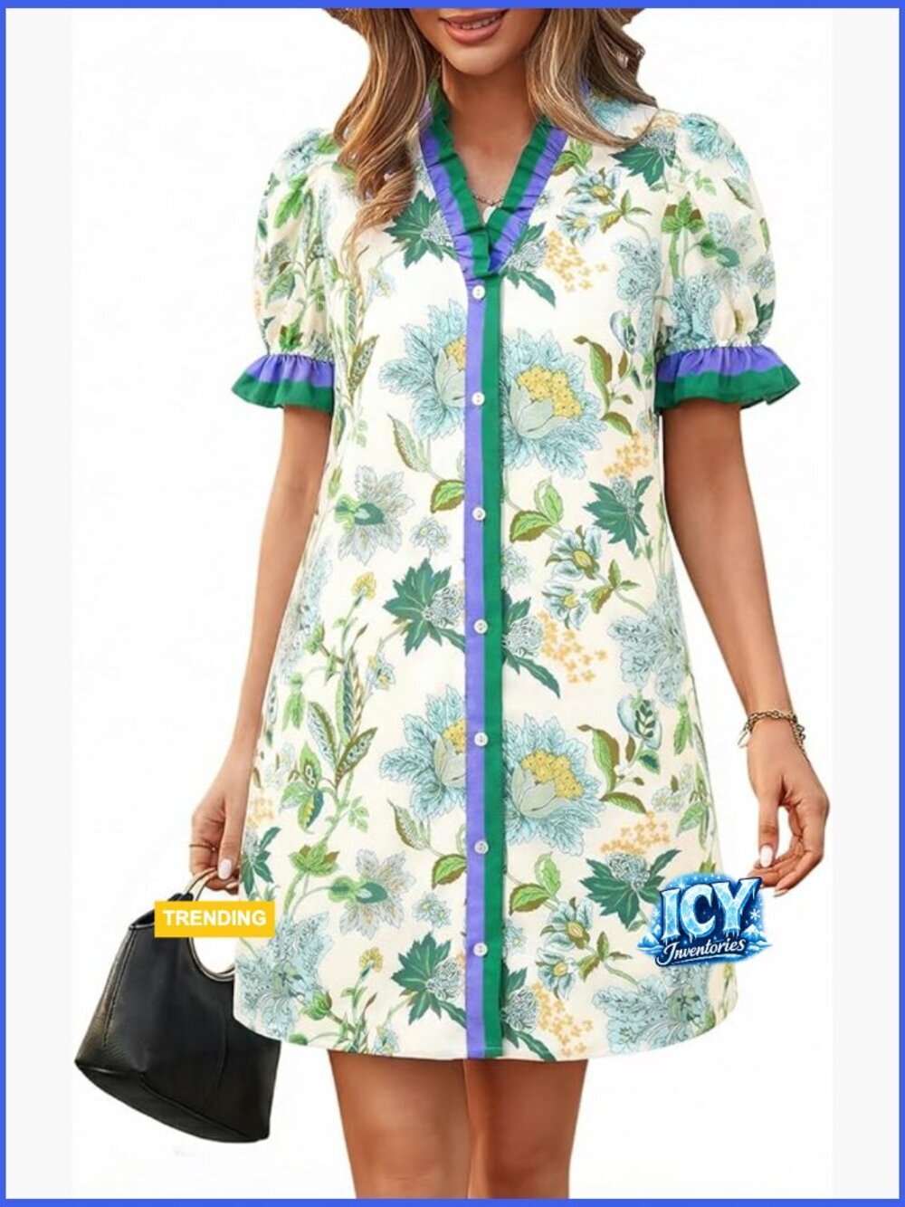 Floral Mini Dress with Pockets, Puff Sleeves, V-Neck, Recycled Polyester Blend